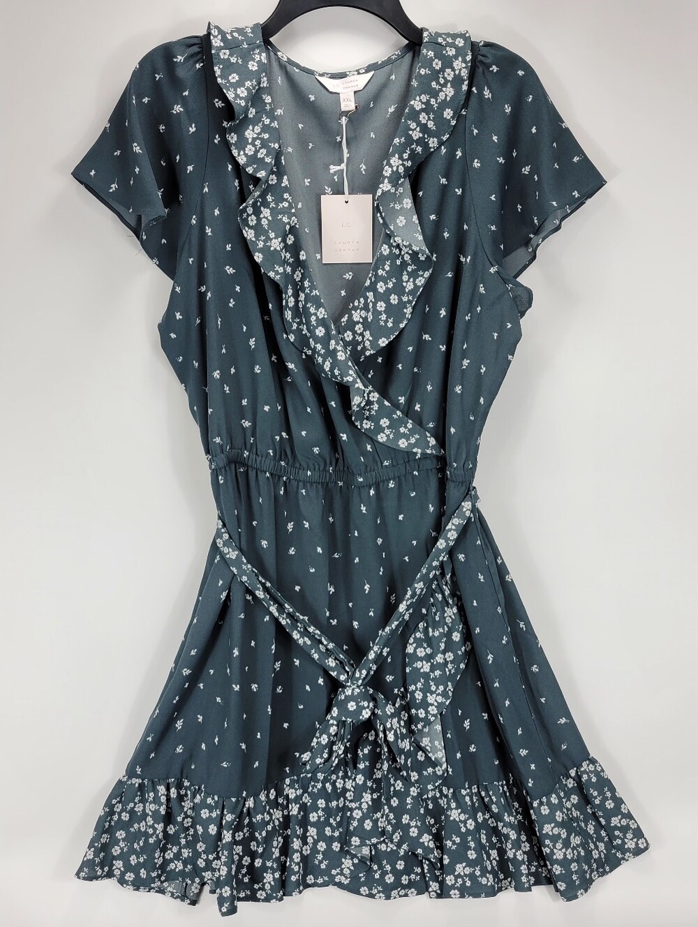 Lauren Conrad Floral Knee Length Wrap Dress Women 2XL Gray White Dainty Boho